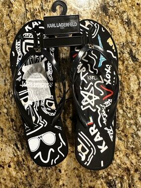 Karl Lagerfeld Black Graphic Logo Flip Flops with Multicolor Accents